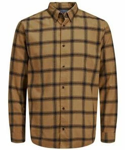 Schlussverkauf 🎁 Jack & Jones Langarmhemd »JACK & JONES Herren Flanell-Hemd Karo-Hemd Jan 👚 Shirt Longsleeve Freizeit-Hemd Hellbraun/Schwarz« ⌛