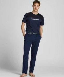 Budget 🔔 Jack & Jones Pyjama »SMITH kurzes 👕 Shirt + lange Hose« (2 tlg) aus reiner Baumwolle Asphalt, Navy Blazer ✔️
