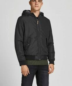 Billig 🥰 Jack & Jones Bomberjacke »FLYNN HODDED BOMBER« Schwarz, Olivgrün 👏