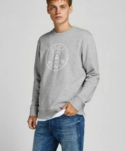 Bester Verkauf 🔔 Jack & Jones Sweatshirt »MISARI SWEAT CREW NECK« Hellgrau-meliert, Navy 🌟